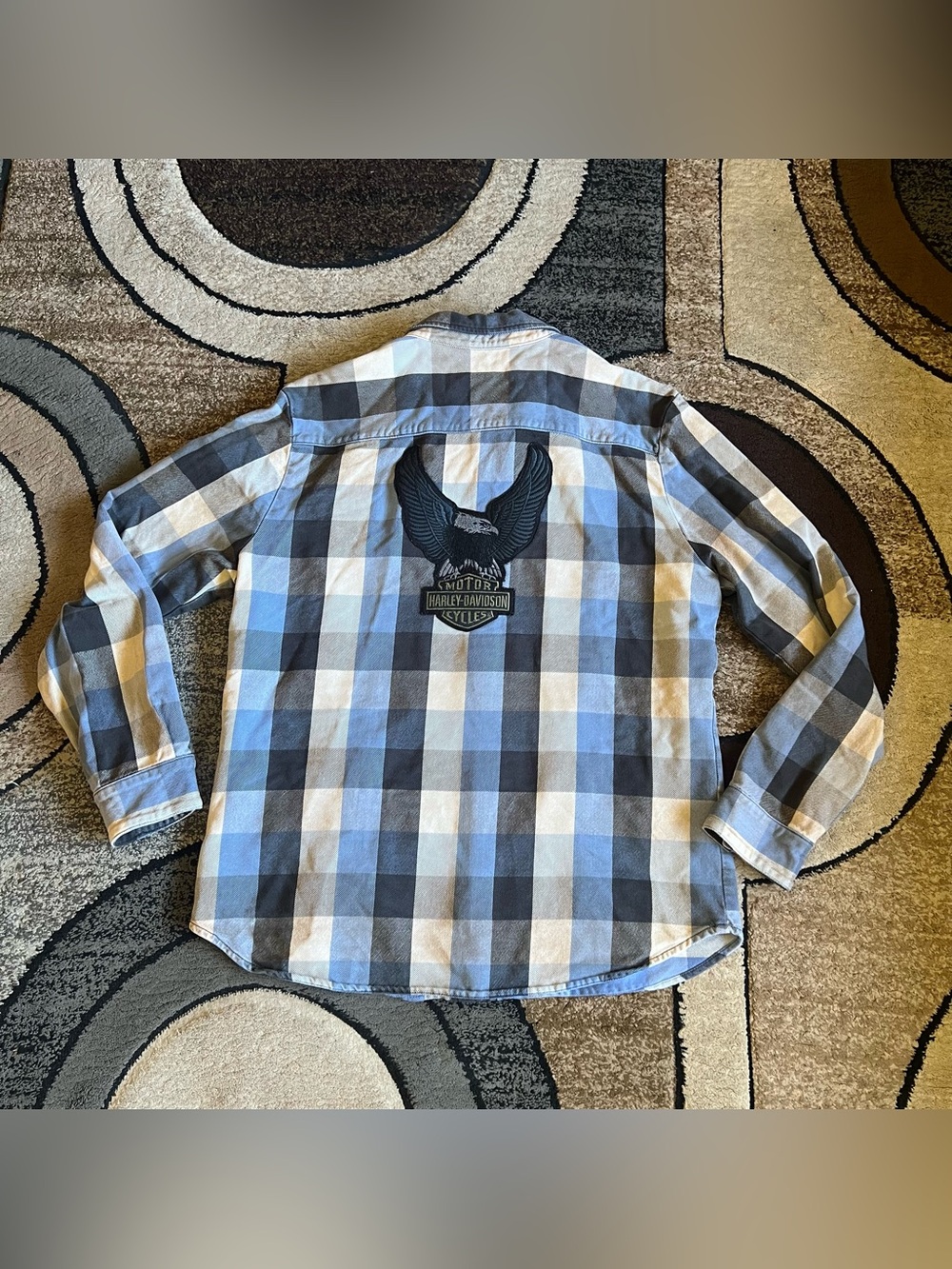 Harley-Davidson Men's Blue Plaid Flannel Button Up Shirt Eagle Patch Size XL
